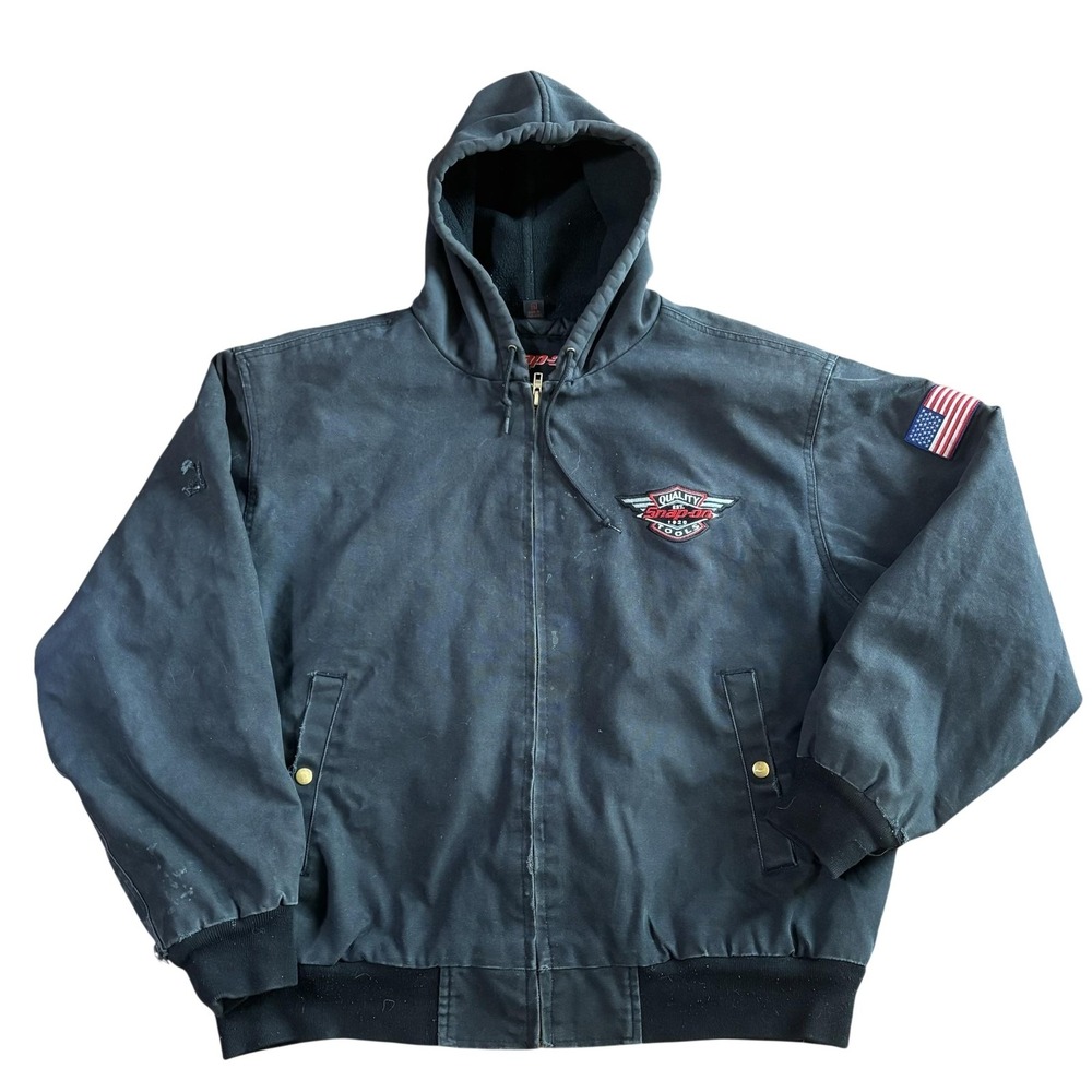 Vintage Snap-on Jacket Mens XL Black Hooded Canvas Bomber USA Flag Workwear